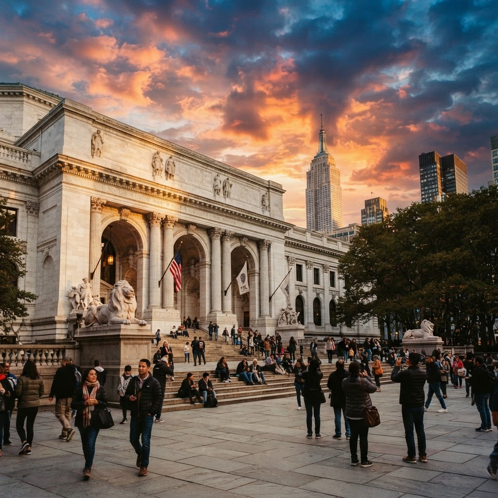 An iconic New York City landmark at golden hour