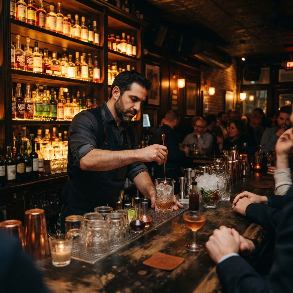 A moody New York City cocktail bar at night